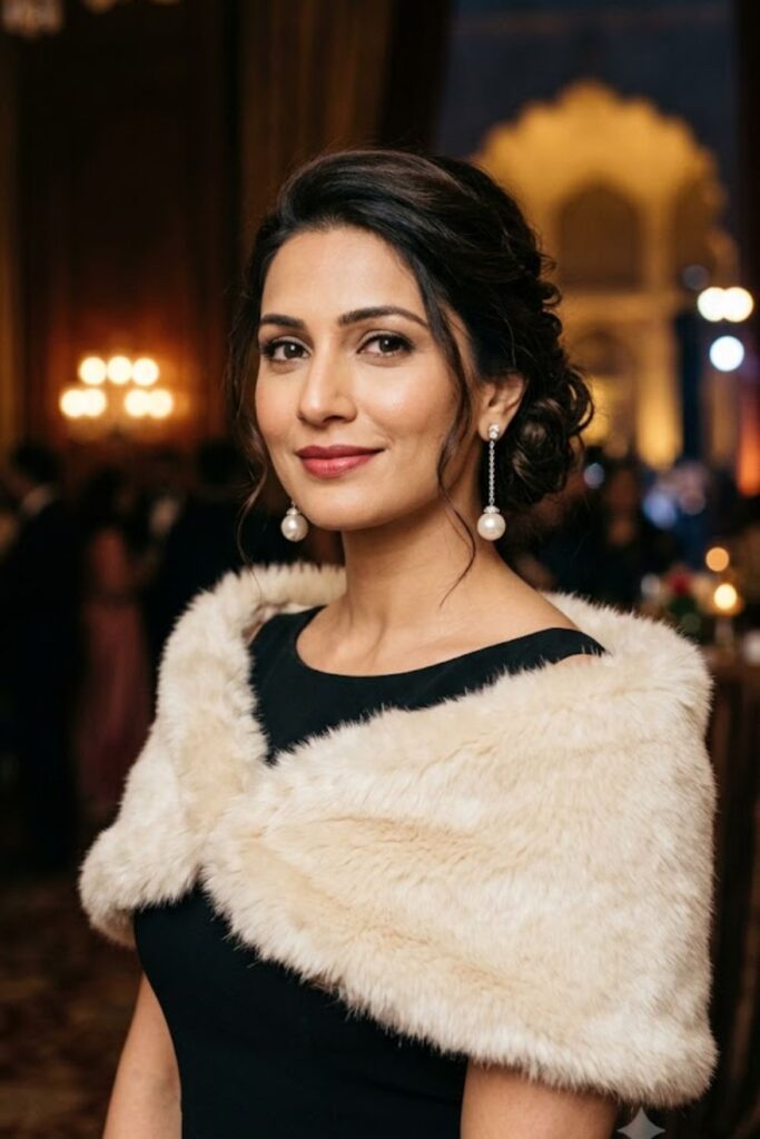 Woman wearing a cream faux fur stole over a black evening dress with pearl earrings