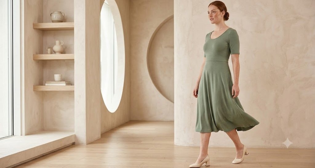 Sage fit-and-flare midi dress that highlights the waist on an hourglass shape