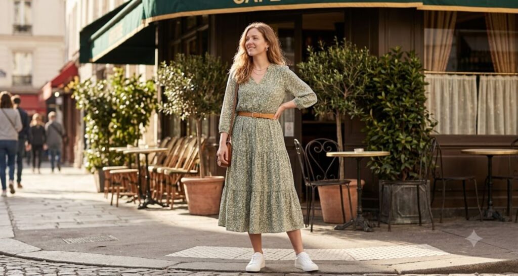 Woman in a floral midi dress - sneakers with dress outfit ideas women