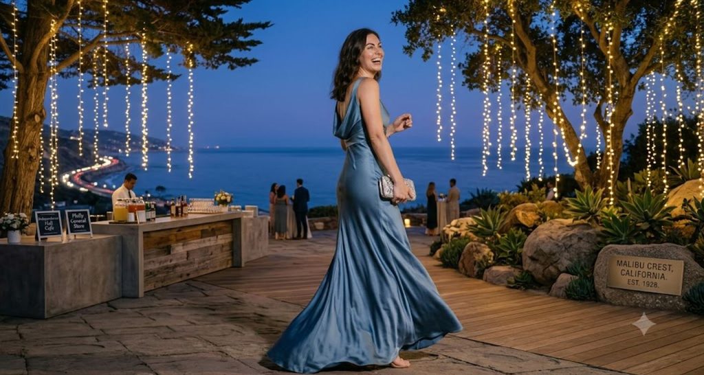 Tall woman in a floor-length dusty blue satin gown at an evening wedding reception