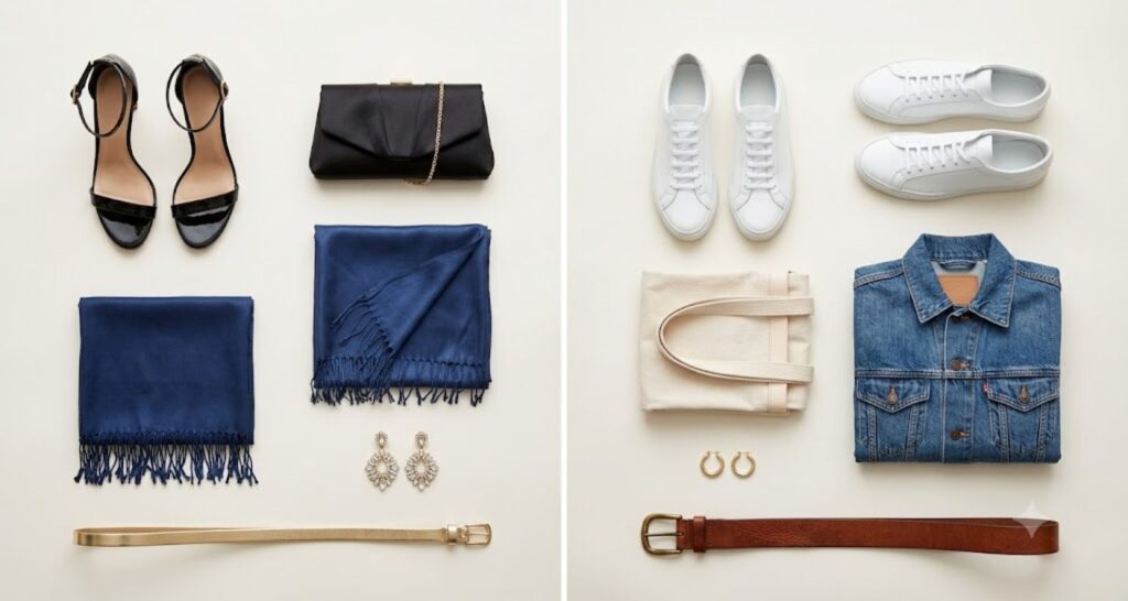 Side-by-side comparison of formal styling swaps versus casual alternatives