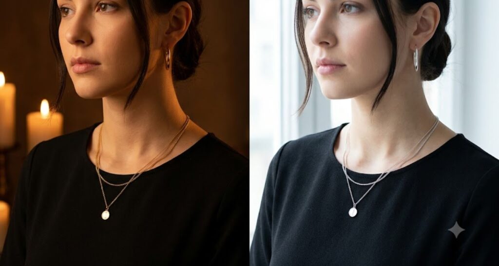 Side-by-side comparison of gold and silver jewelry worn with a black dress