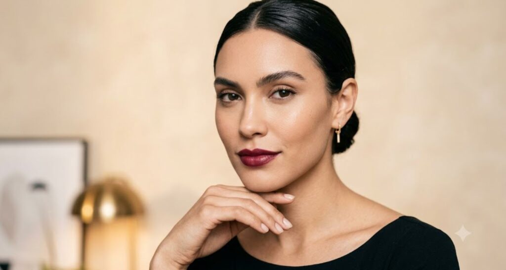 Close-up of a sleek low bun and bold berry lip styled with a black dress