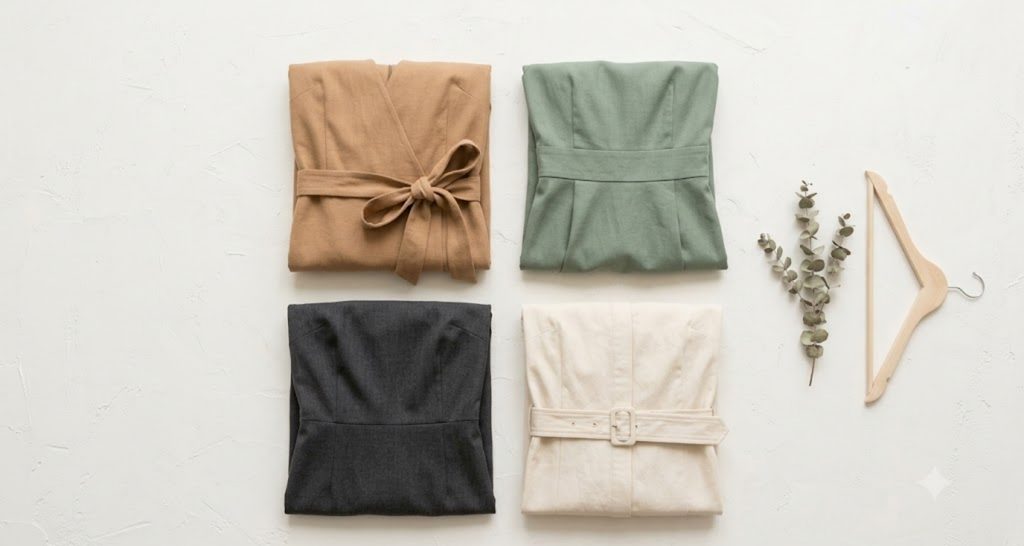 Flat lay comparing four dress styles that suit an hourglass figure