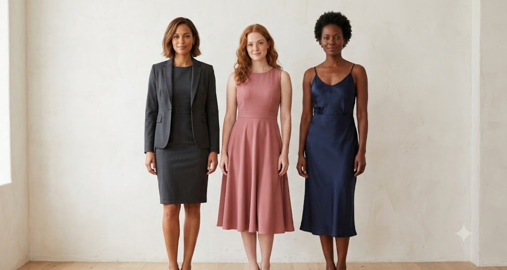 Three women in office, wedding guest and evening dresses styled for an hourglass figure