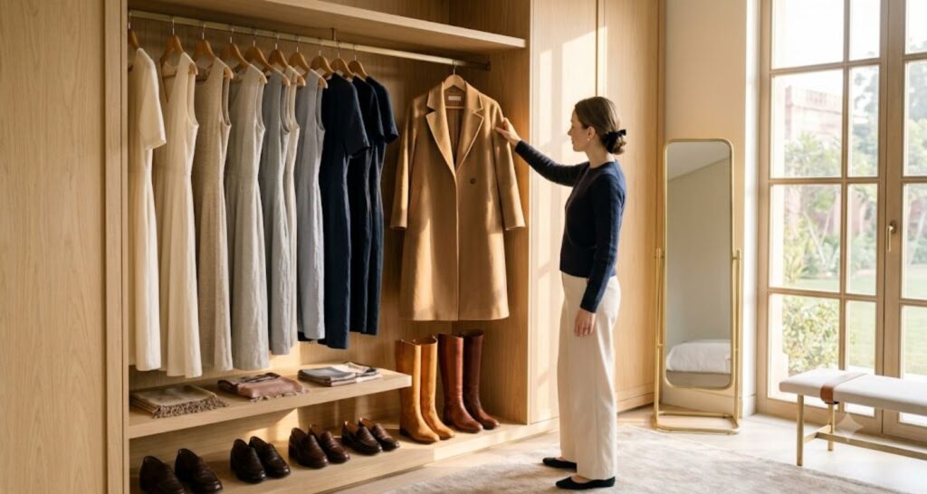 Neutral capsule wardrobe of dresses, coats and leather shoes for building old money outfits