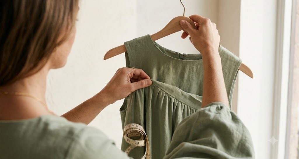 Checking the waist seam placement on a dress before buying, a key step for hourglass figures