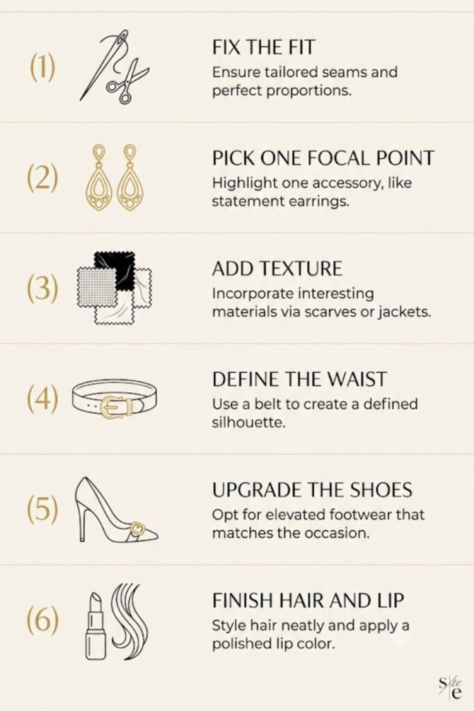 Infographic showing 6 steps to dress up a simple black dress: fit, focal point, texture, waist, shoes, finish