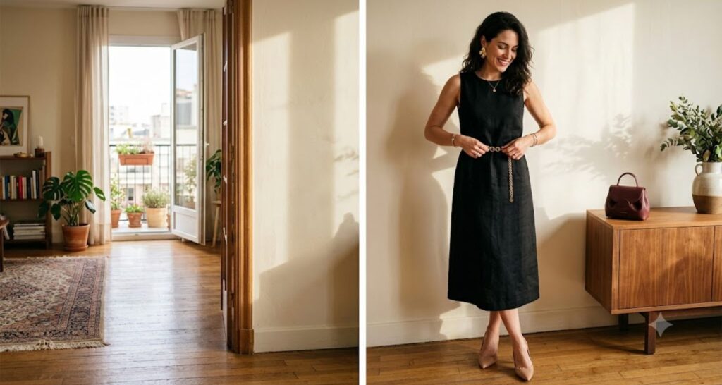 Woman showing how to dress up a simple black dress with a gold belt, statement earrings, and nude heels
