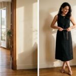 Woman showing how to dress up a simple black dress with a gold belt, statement earrings, and nude heels