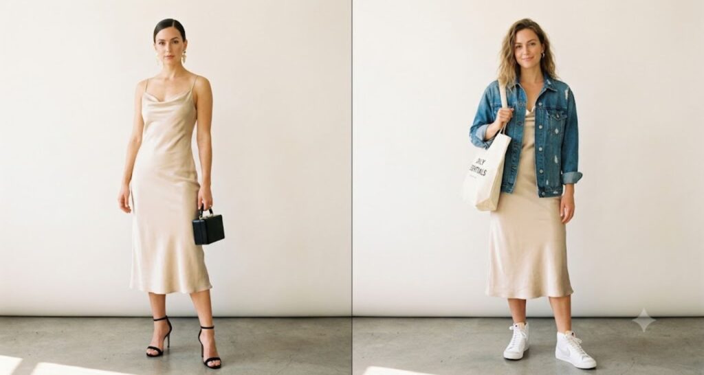 Same satin slip dress styled two ways — formal with heels and clutch, casual with sneakers and a denim jacket.