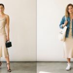 Same satin slip dress styled two ways — formal with heels and clutch, casual with sneakers and a denim jacket.