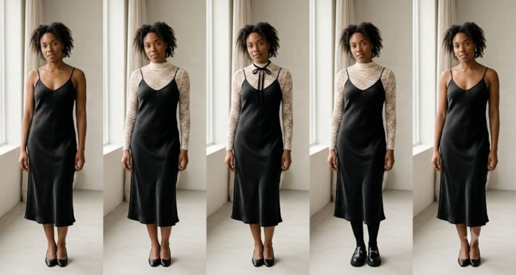 Five-step visual guide showing how to build a coquette outfit from a black slip dress