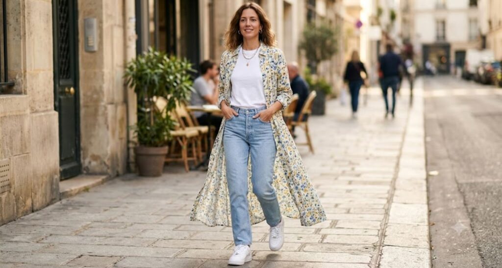 Maxi dress worn open over straight-leg jeans and a white tee