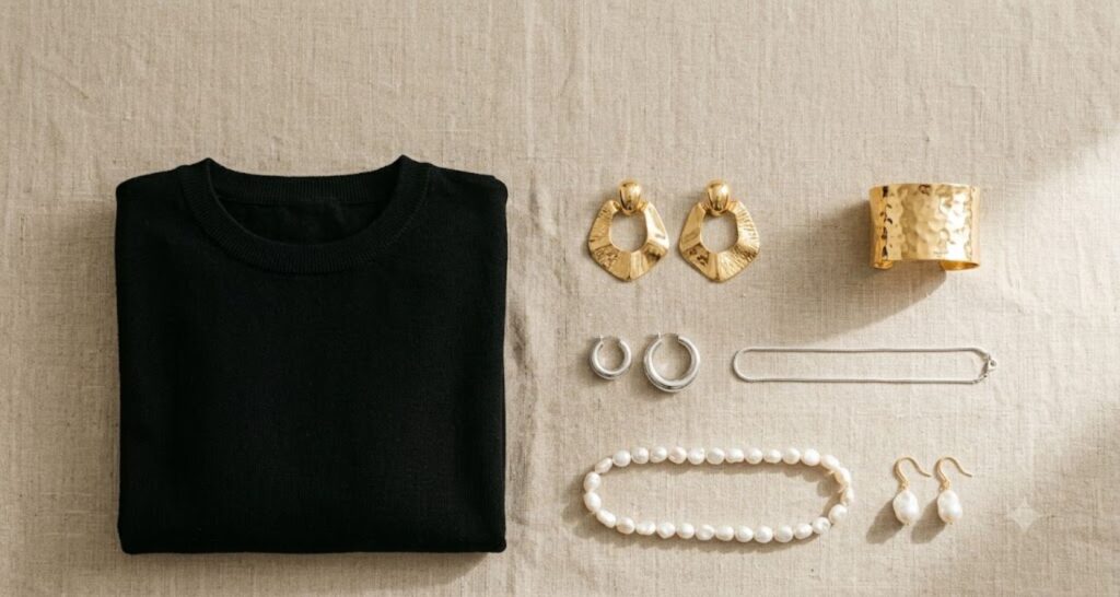 Flat lay of gold, silver, and pearl jewelry options styled next to a folded black dress
