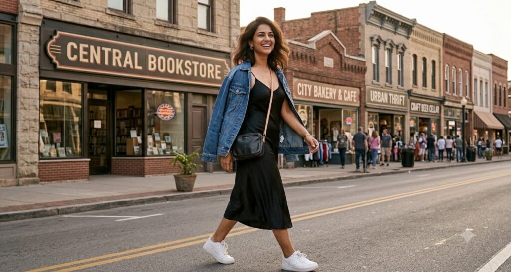 Woman wearing a satin slip dress layered with an oversized denim jacket and sneakers.