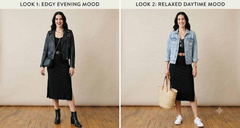 Black dress styled two ways — with a cropped leather jacket and with a denim jacket