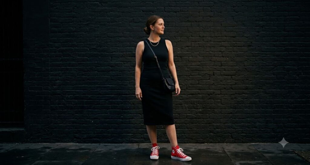 Woman in a simple black dress - sneakers with dress outfit ideas women