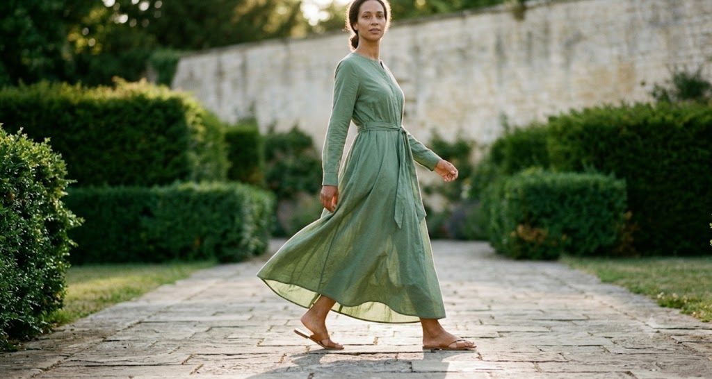 Tall woman in a sage green tiered maxi dress walking outdoors with the hem in motion
