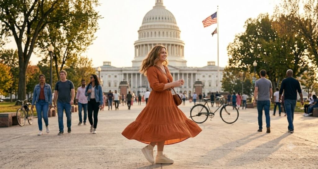 Woman in a tiered rust maxi dress - sneakers with dress outfit ideas women