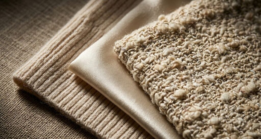Close-up of linen, merino wool, silk and tweed fabrics used in old money style dresses