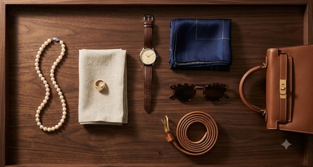 Pearls, gold jewelry, silk scarf and leather accessories for old money aesthetic outfits
