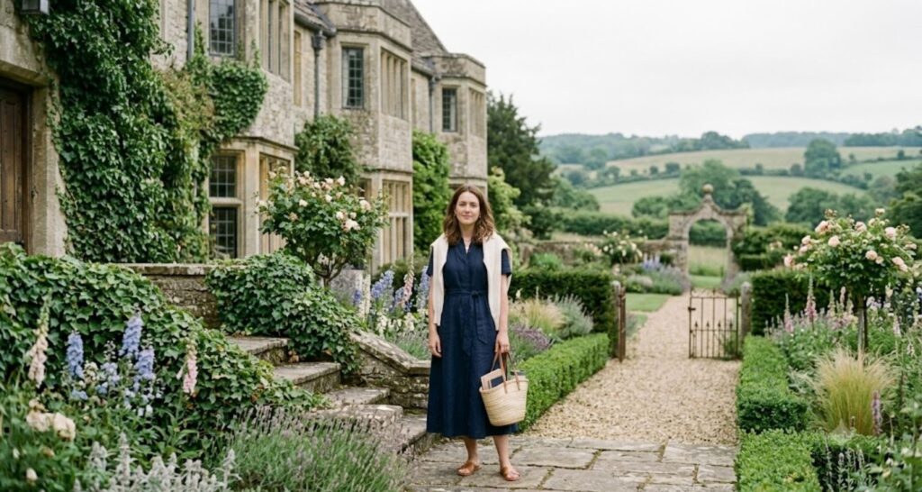 Woman in a navy linen midi dress and cream cardigan demonstrating old money aesthetic dress outfit ideas
