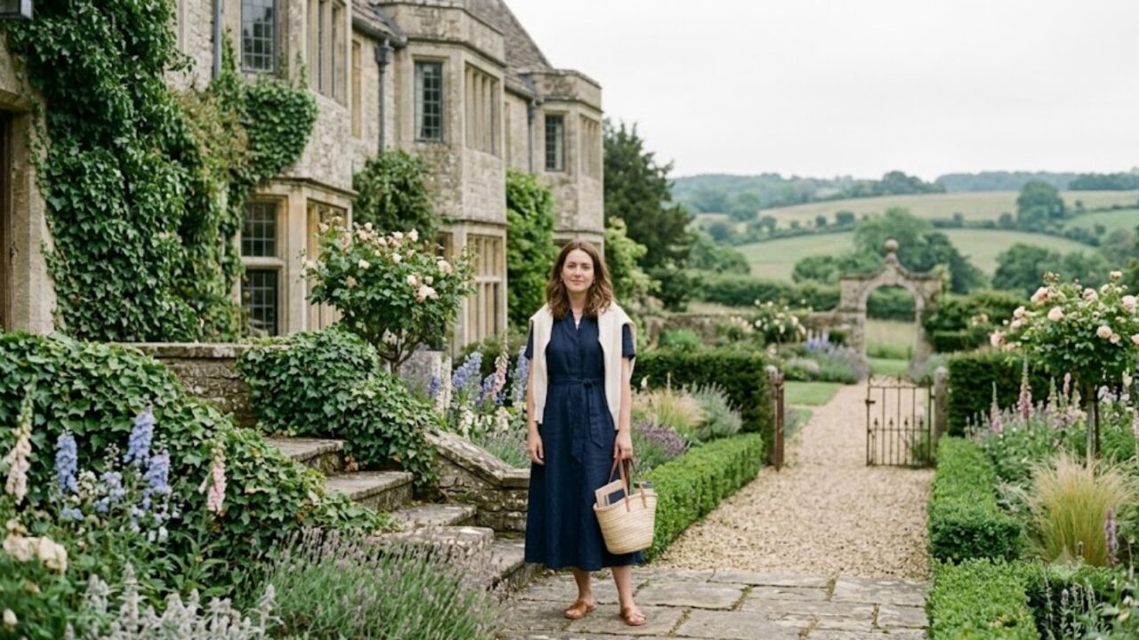 Woman in a navy linen midi dress and cream cardigan demonstrating old money aesthetic dress outfit ideas