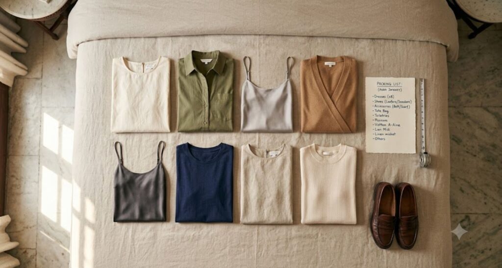 Eight neutral dresses laid out on a bed as an old money capsule wardrobe plan