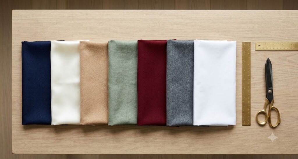 Navy, cream, camel, sage, burgundy and charcoal fabric swatches in the old money color palette