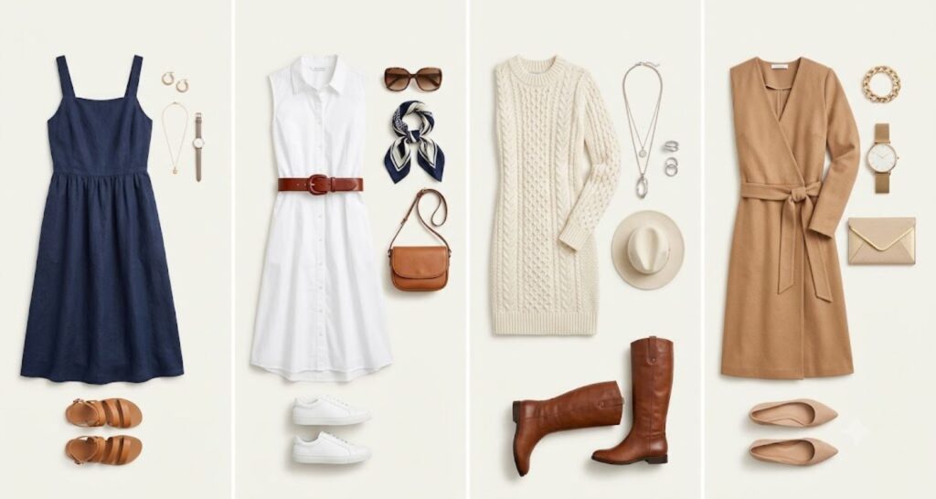 Flat lay of four old money aesthetic dress outfit ideas with shoes and accessories