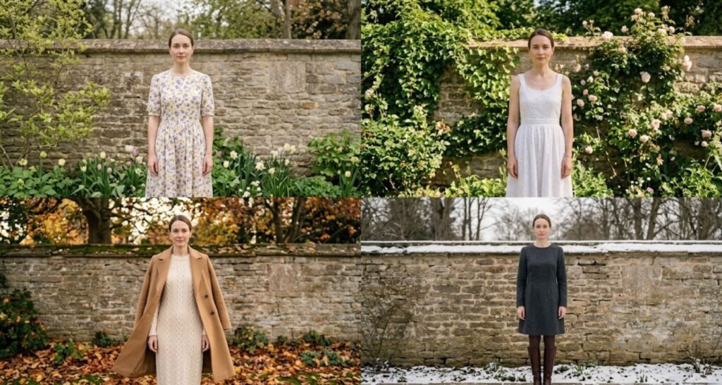Four seasonal old money aesthetic dress outfits from spring through winter