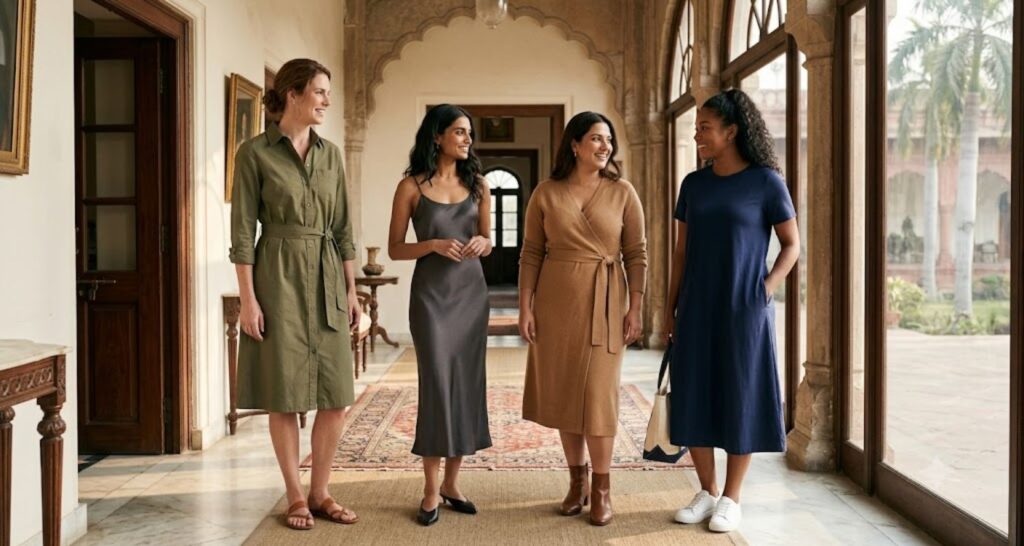 Four women of different body types wearing flattering old money aesthetic dresses