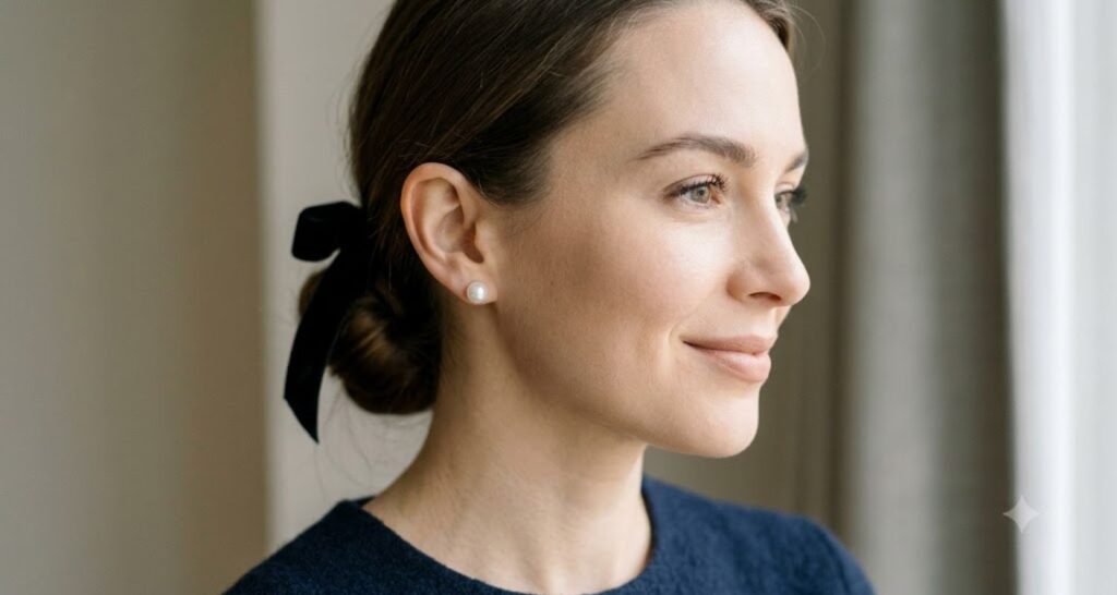 Low chignon with a black velvet ribbon and minimal natural makeup for old money style