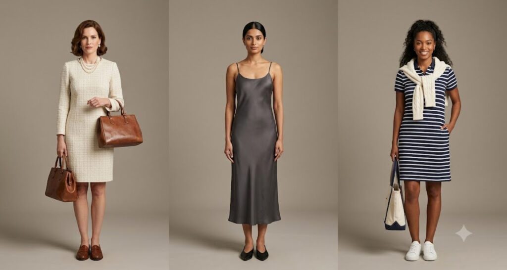 Three women showing the difference between old money, quiet luxury and preppy dress styles