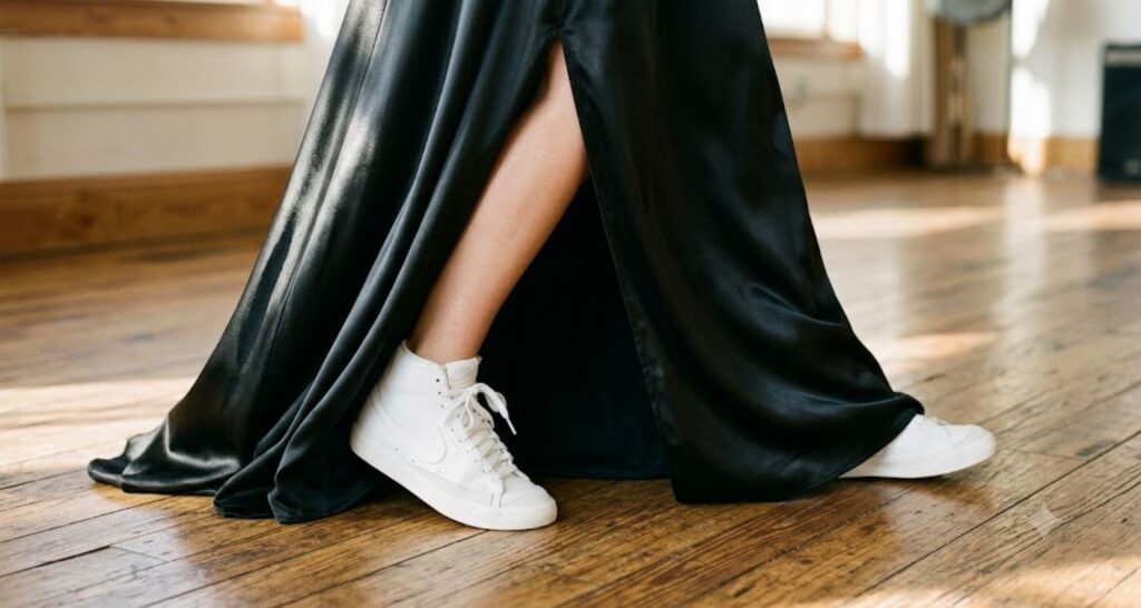 Flat lay of a dress with sneakers, denim jacket, belt, and tote for casual styling.