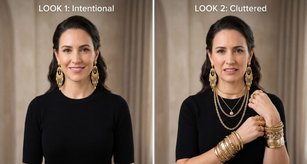 Comparison showing one statement earring versus over-accessorizing with a black dress
