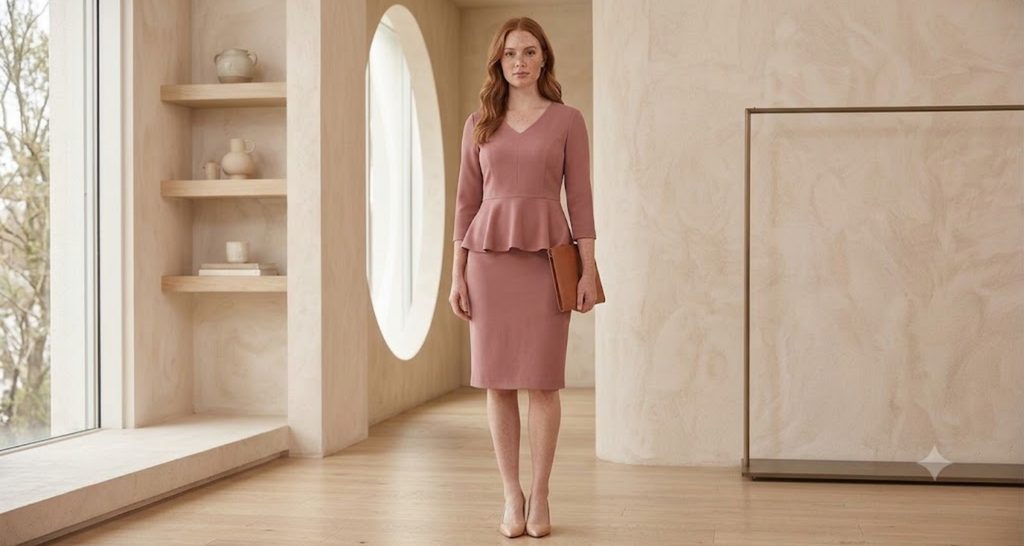 Soft peplum dress creating waist definition on an hourglass body shape