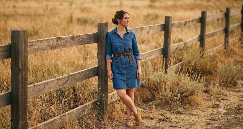 Woman in a denim button-front dress with tan suede sneakers