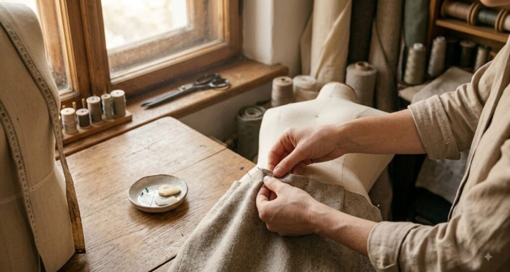 Tailor pinning the hem of a neutral wool dress to show how alterations create a quiet luxury fit