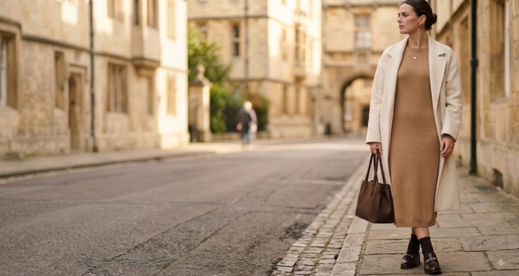 Woman in a camel knit midi dress and cream coat demonstrating quiet luxury dress outfit ideas women can wear daily