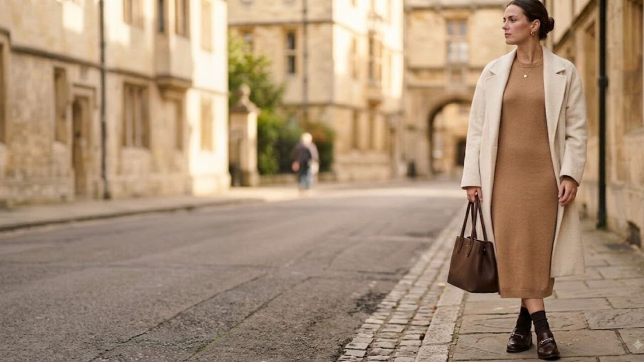 Woman in a camel knit midi dress and cream coat demonstrating quiet luxury dress outfit ideas women can wear daily