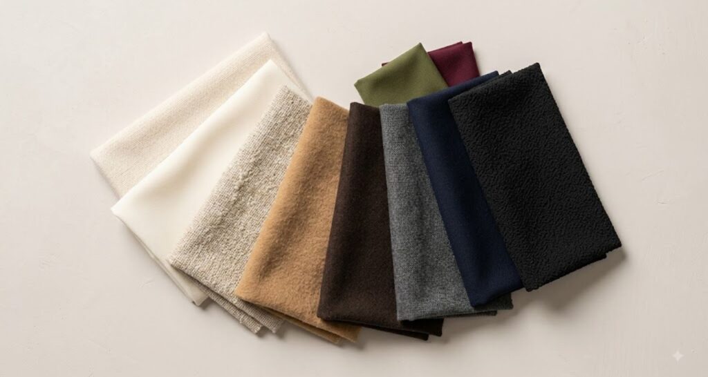 Cream, oatmeal, camel, chocolate, charcoal and navy fabric palette for quiet luxury outfits