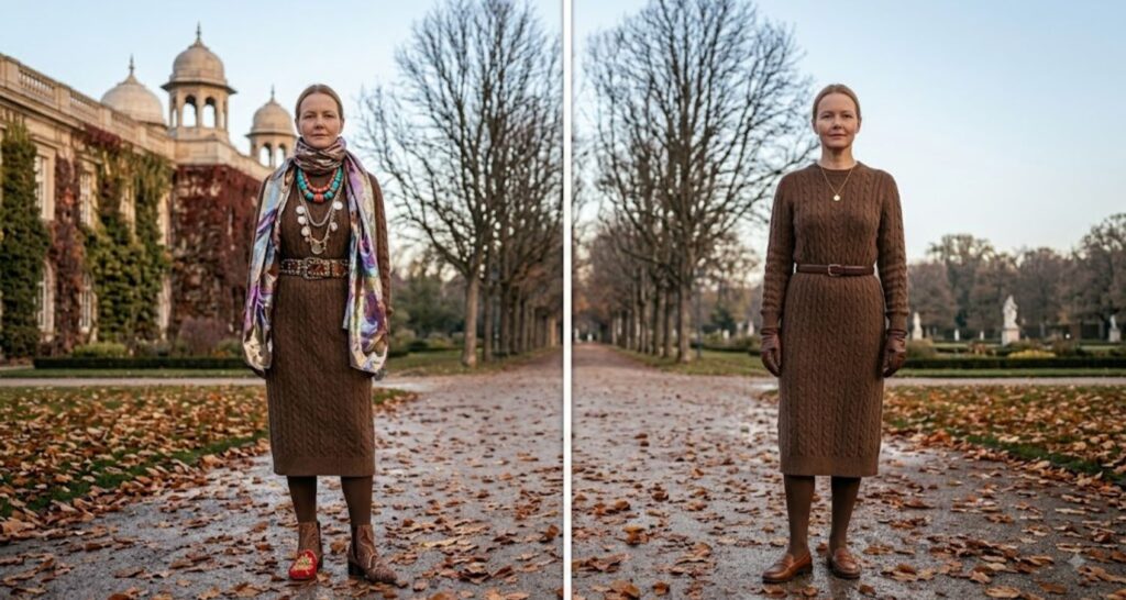 Side-by-side comparison showing over-accessorized styling versus a correctly restrained quiet luxury outfit