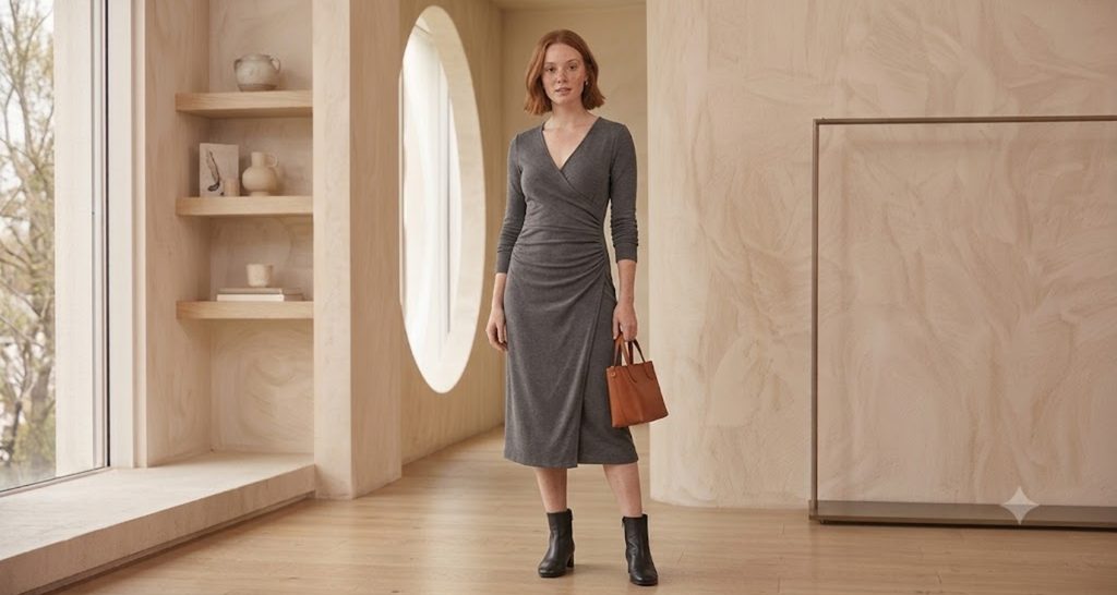 Ruched knit wrap-effect dress creating a defined waist on an hourglass figure