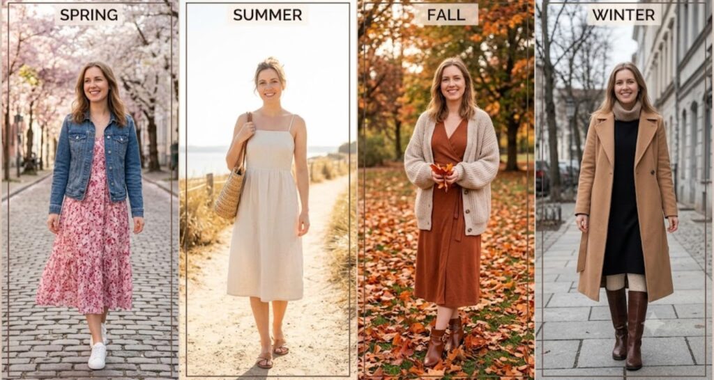 The same dress styled casually for spring, summer, fall, and winter