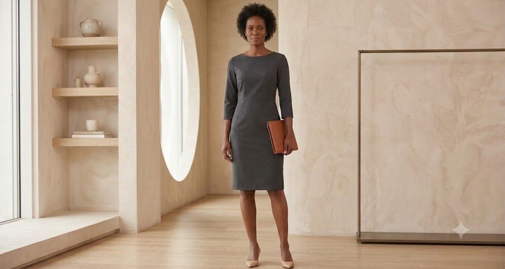 Tailored charcoal sheath dress for the office on an hourglass figure