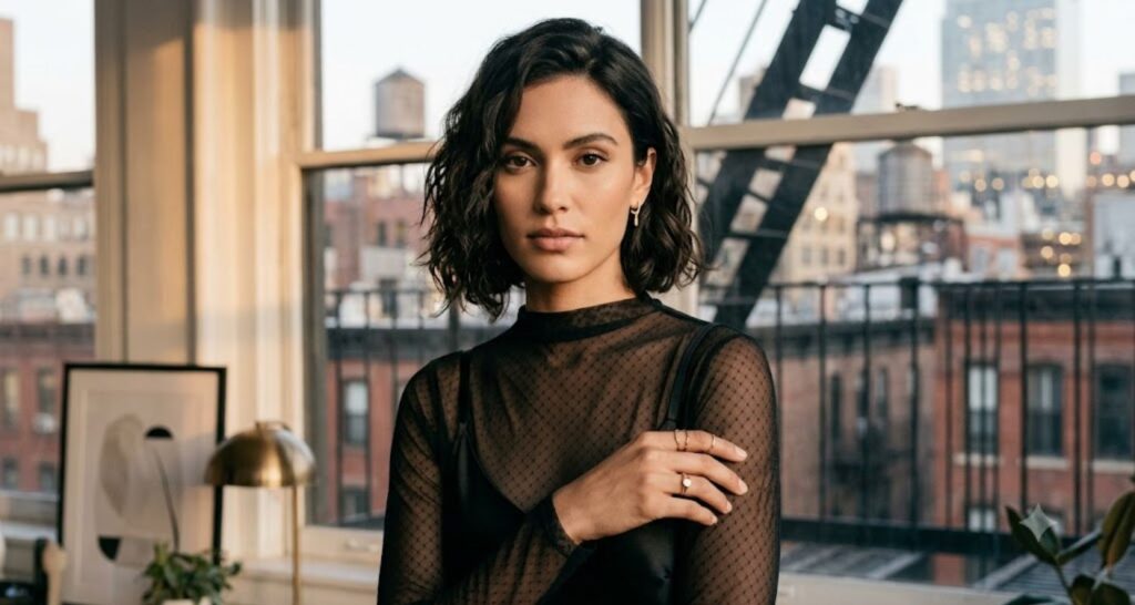 Sheer black mesh top layered under a sleeveless black satin dress showing texture contrast