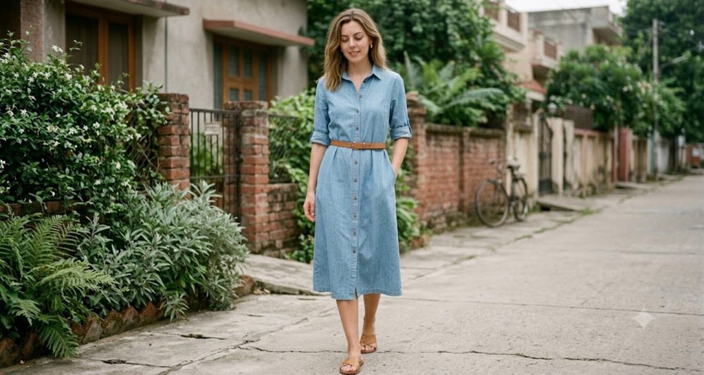 Tall woman in a belted chambray shirt dress showing the vertical button placket