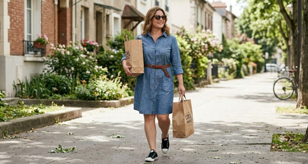 Woman in a blue chambray shirt dress - sneakers with dress outfit ideas women